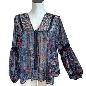 JW Style Top Semi Sheer Embroidered Tie Front Topper Womens size‎ Small